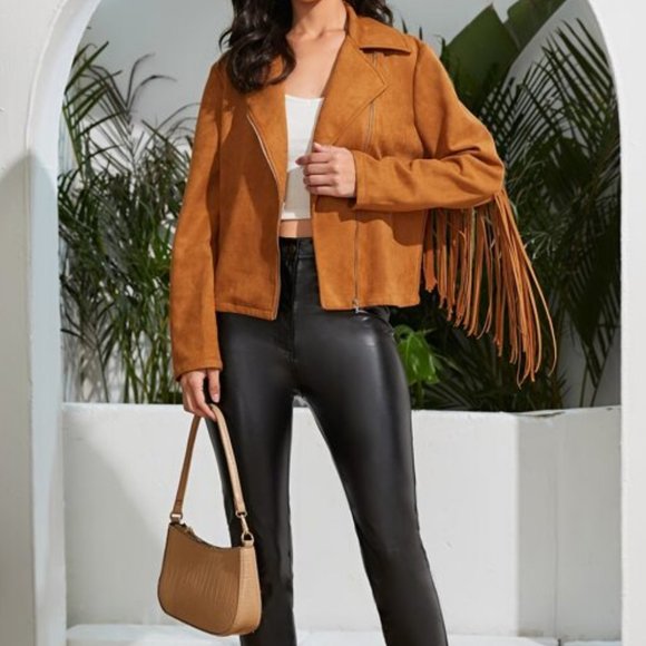 Boho Western Zip Up Fringe Trim Jacket camel - Picture 3 of 6